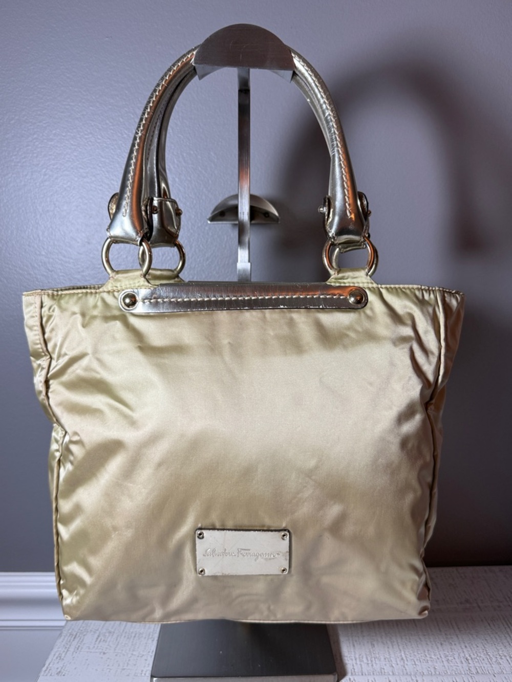Salvatore Ferragamo Champagne Gold Nylon Tote with Metallic Gold Handles